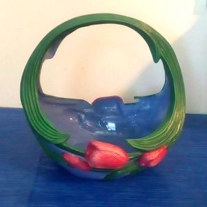 1995 Holland Blue Ceramic Basket with Tulips